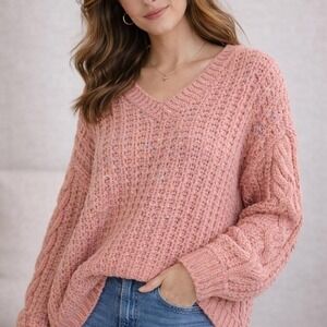 POL Chunky Knit Oversized Sweater Coral Speckled Boho Cozy M